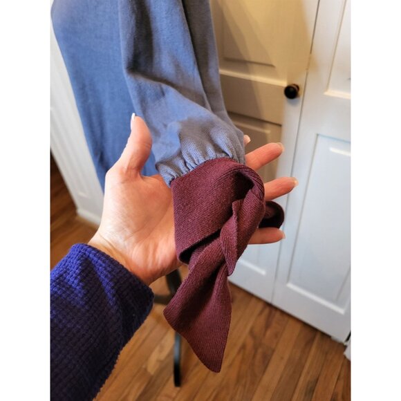 Boden Blue/Burgundy Linen Blend Tie Sweater 3/4 Sleeves L Twee Cottage Retro - Picture 6 of 9